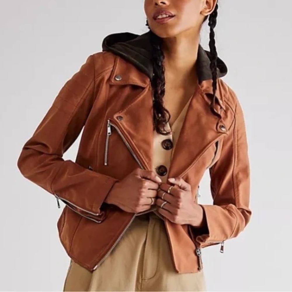 NWT We The Free People Harriett Vegan Suede Hooded Moto Jacket Chocolate Brown M